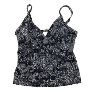 Lands End Tankini Top Women 12B Black White‎ Paisley Underwire Bra Plunge Swim